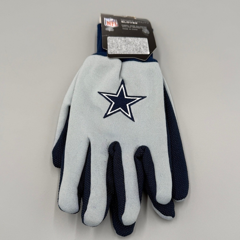 NFL Gloves Mens OS Grey Dallas Cowboys Utility Sports PVC Gripper Dots Star Logo